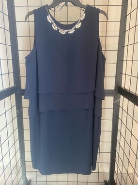 Covington Navy Tiered Midi Dress with Removable Jeweled Neckline.